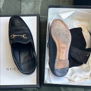 Gucci Black Leather Loafers with Gold Accent